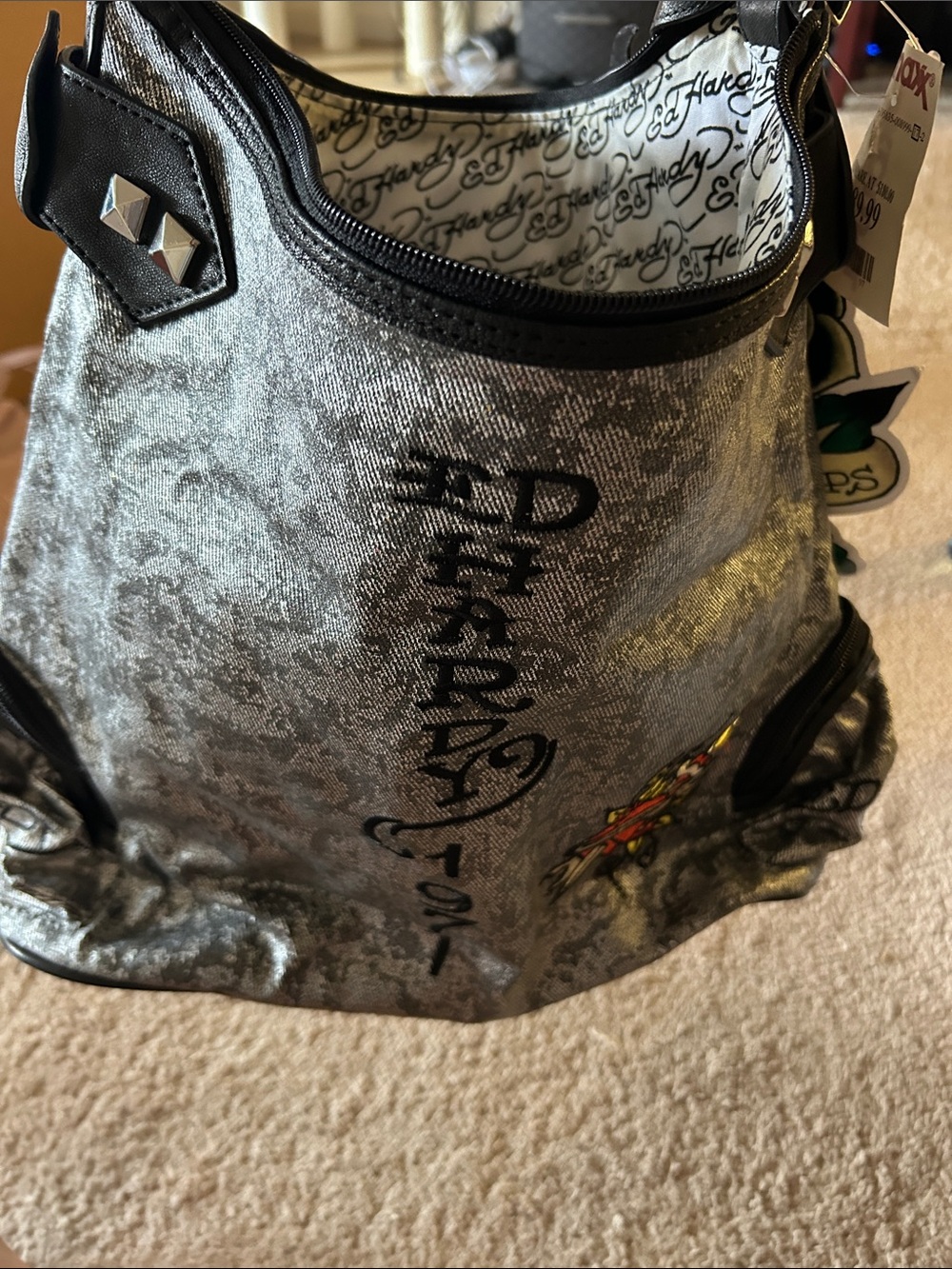 Ed Hardy Metallic Silver Shoulder Bag with Flaming Rose Patch - Picture 7 of 10